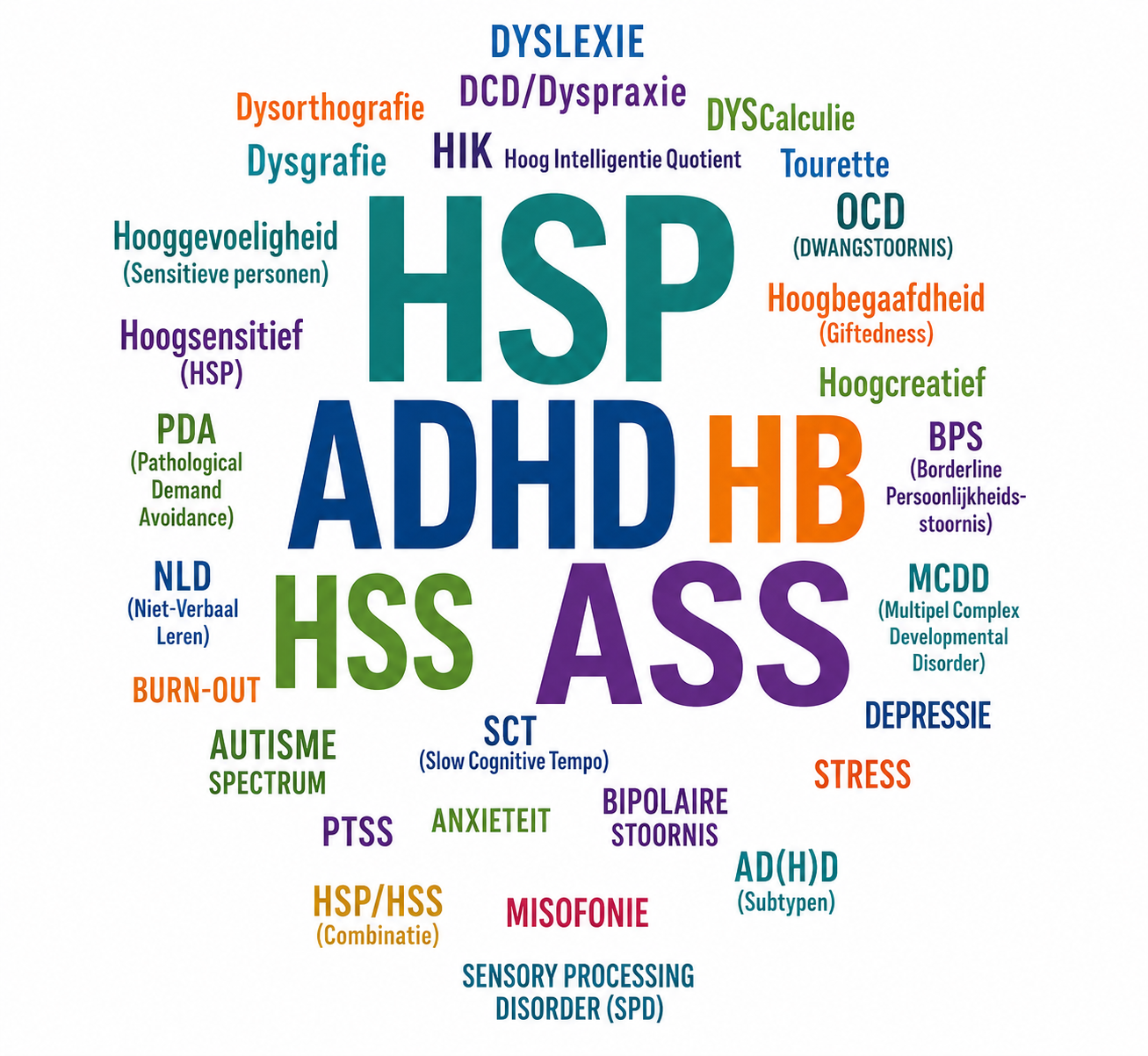 Woordenwolk over neurodiversiteit met termen zoals HSP, ADHD, HB en ASS.
